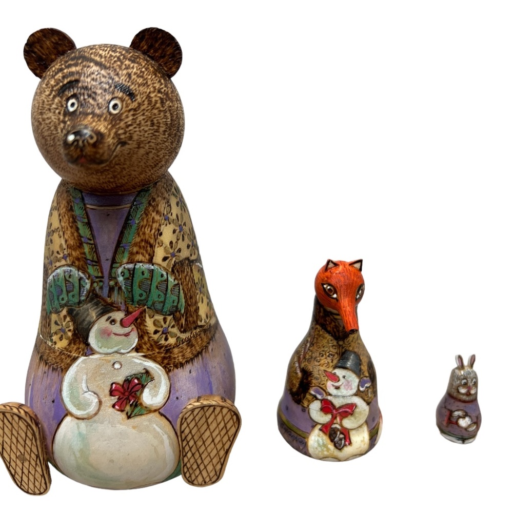Stacking bear, fox, rabbit. Hand carved, hand painted made in Russia.